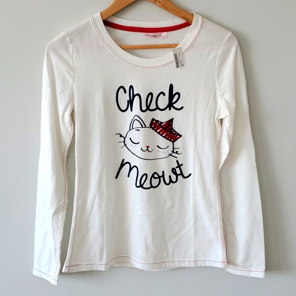 La Vie En Rose Check Meowt Cat PJ Lounge Top White New Sz XS